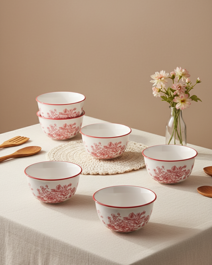 Red Floral Ceramic Katori - Set Of 6 