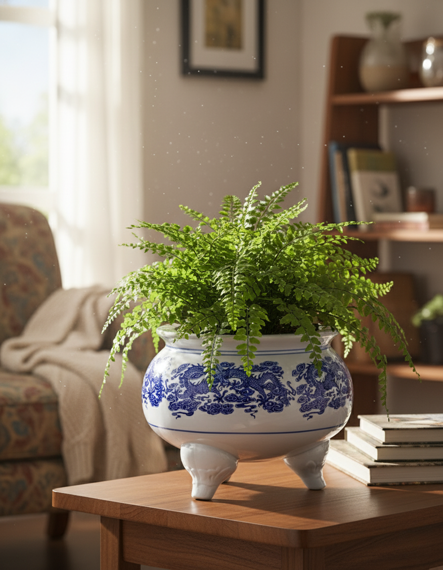 Blue & White Dragon Motif Tripod Planter - 8" 