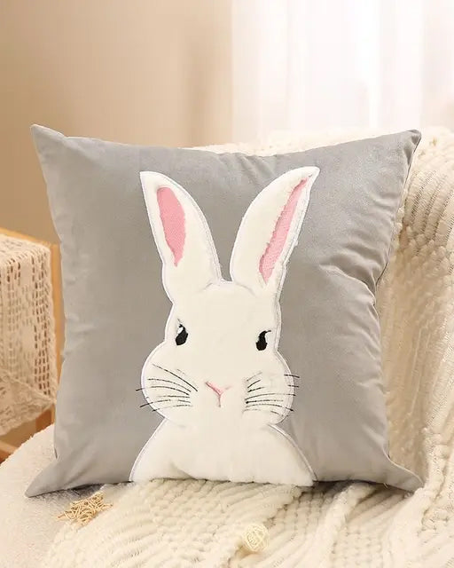 Rabbit Embroidery Cushion Cover - Grey 
