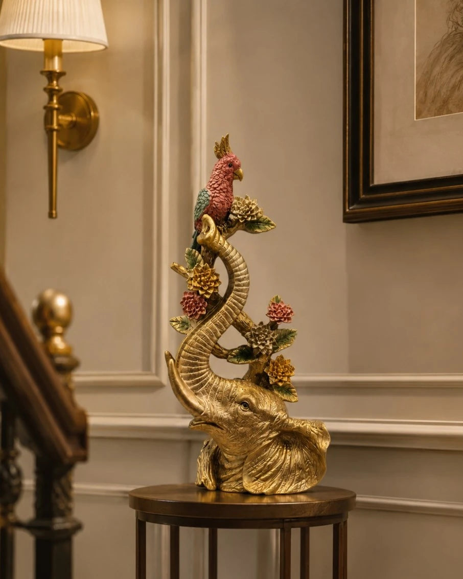 Golden Elephant & Parrot Decorative Figurine 
