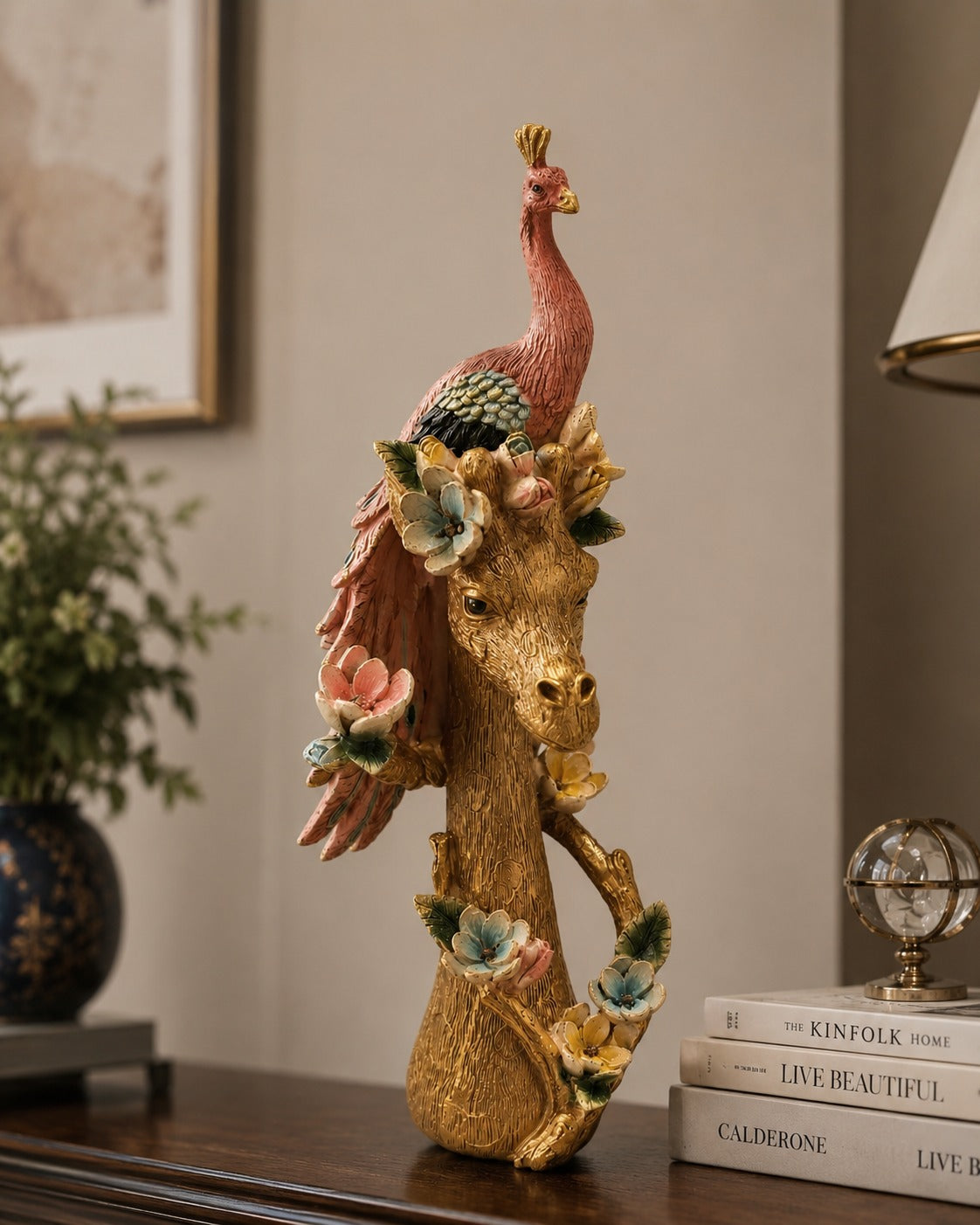 Peacock Majesty Giraffe Decorative Figurine - Pink 