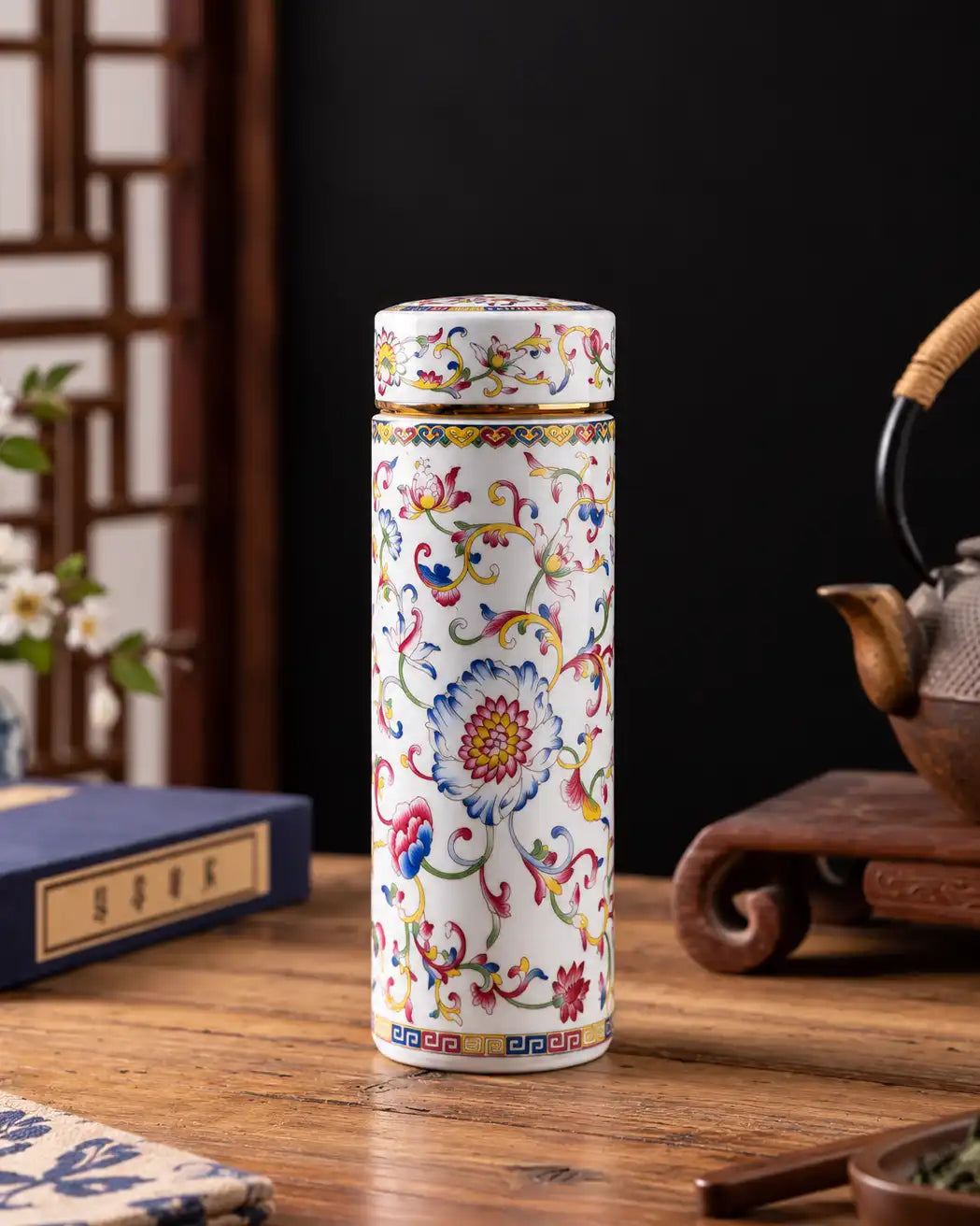 Imperial Blossom Ceramic Travel Flask - White