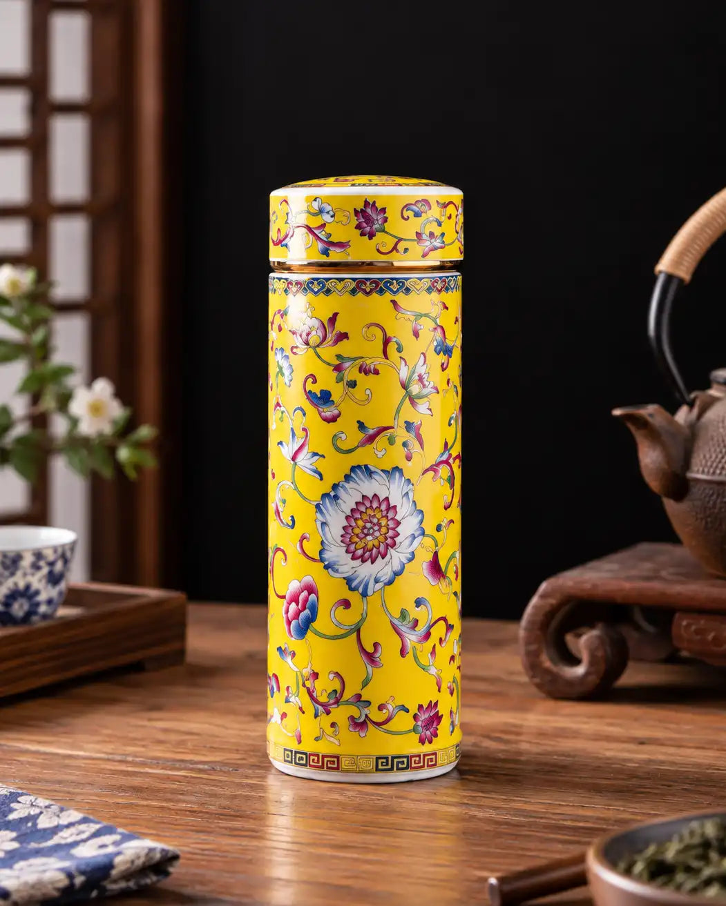 Imperial Blossom Ceramic Travel Flask - Yellow