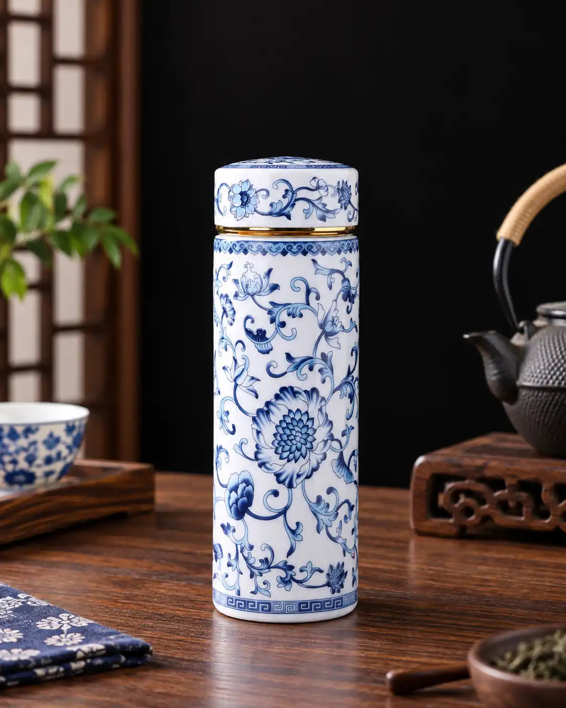 Imperial Blossom Ceramic Travel Flask - Cobalt Blue