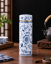 Imperial Blossom Ceramic Travel Flask - Cobalt Blue
