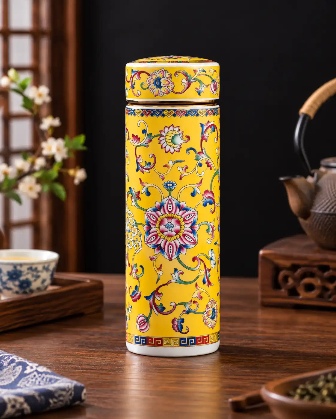 Imperial Blossom Ceramic Travel Flask - Yellow