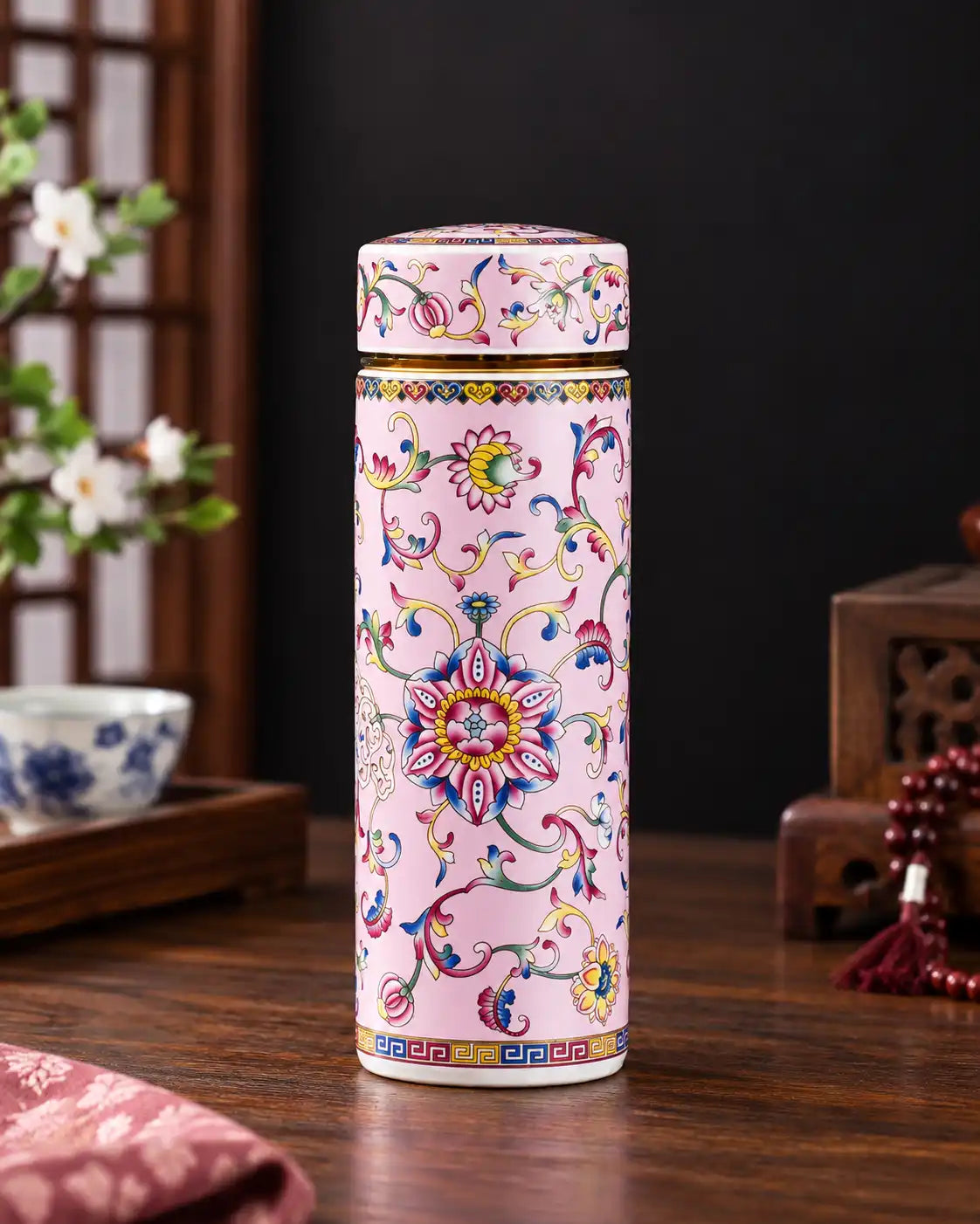 Imperial Blossom Ceramic Travel Flask - Rose Pink