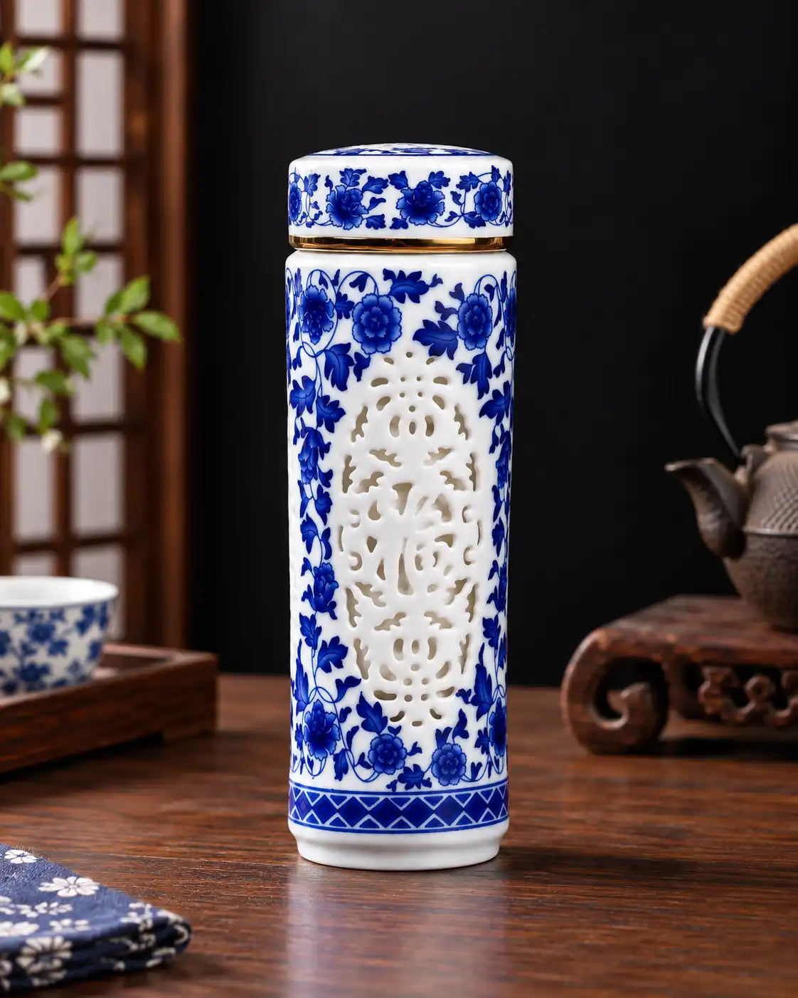 Reticulated Ceramic Travel Flask - Blue & White