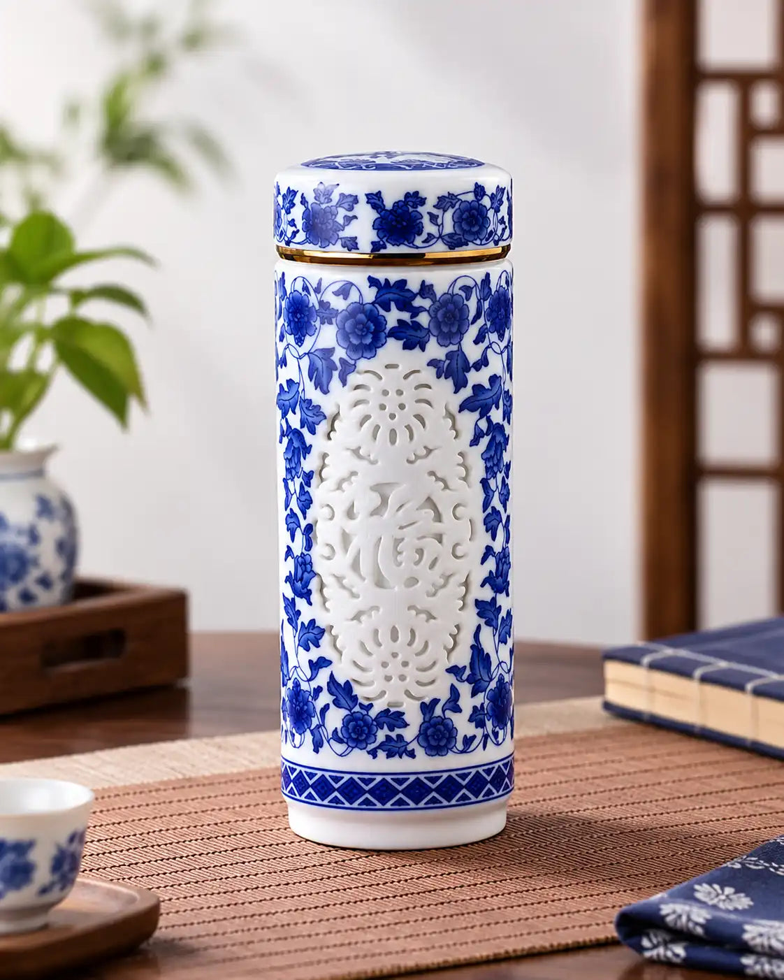 Reticulated Ceramic Travel Flask - Blue & White