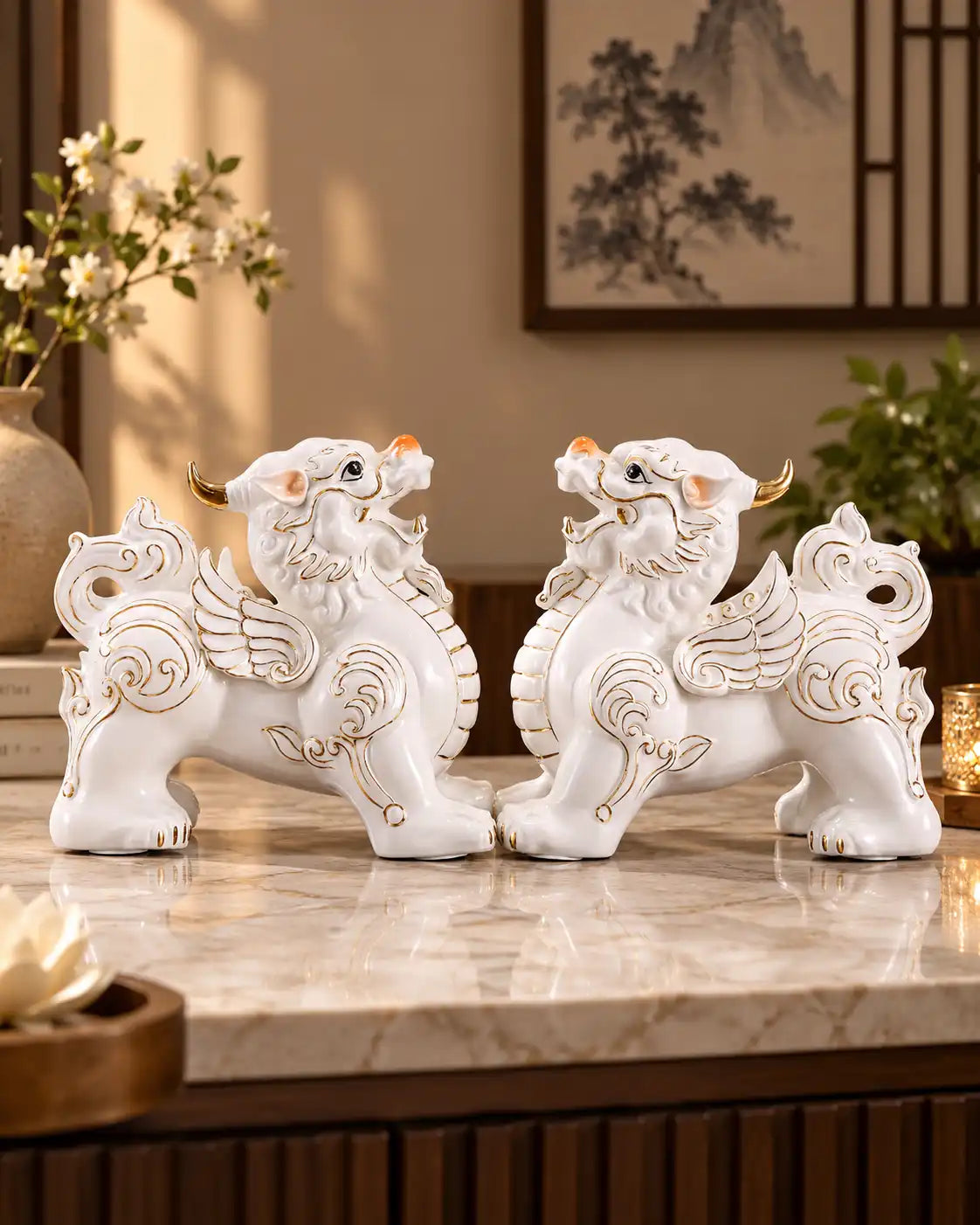 Fine Porcelain Chi Lin – Feng Shui Guardians - Set of 2