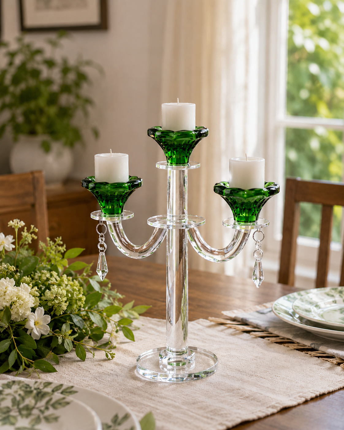 Emerald Radiant 3-Arms Crystal Candle Stand 