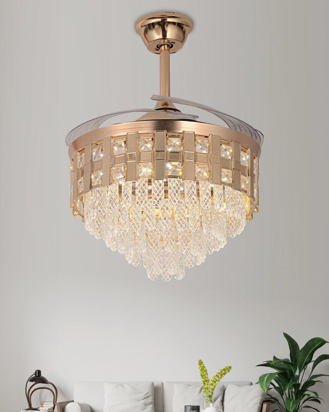 Glamorous Retractable Ceiling Fan + Chandelier Light (with Remote Control) 