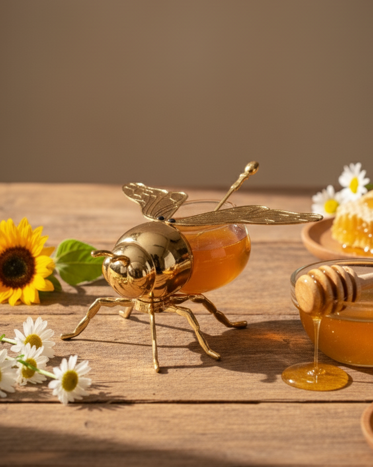 HoneyBee Honey Pot With Spoon '200 ML' - Gold 