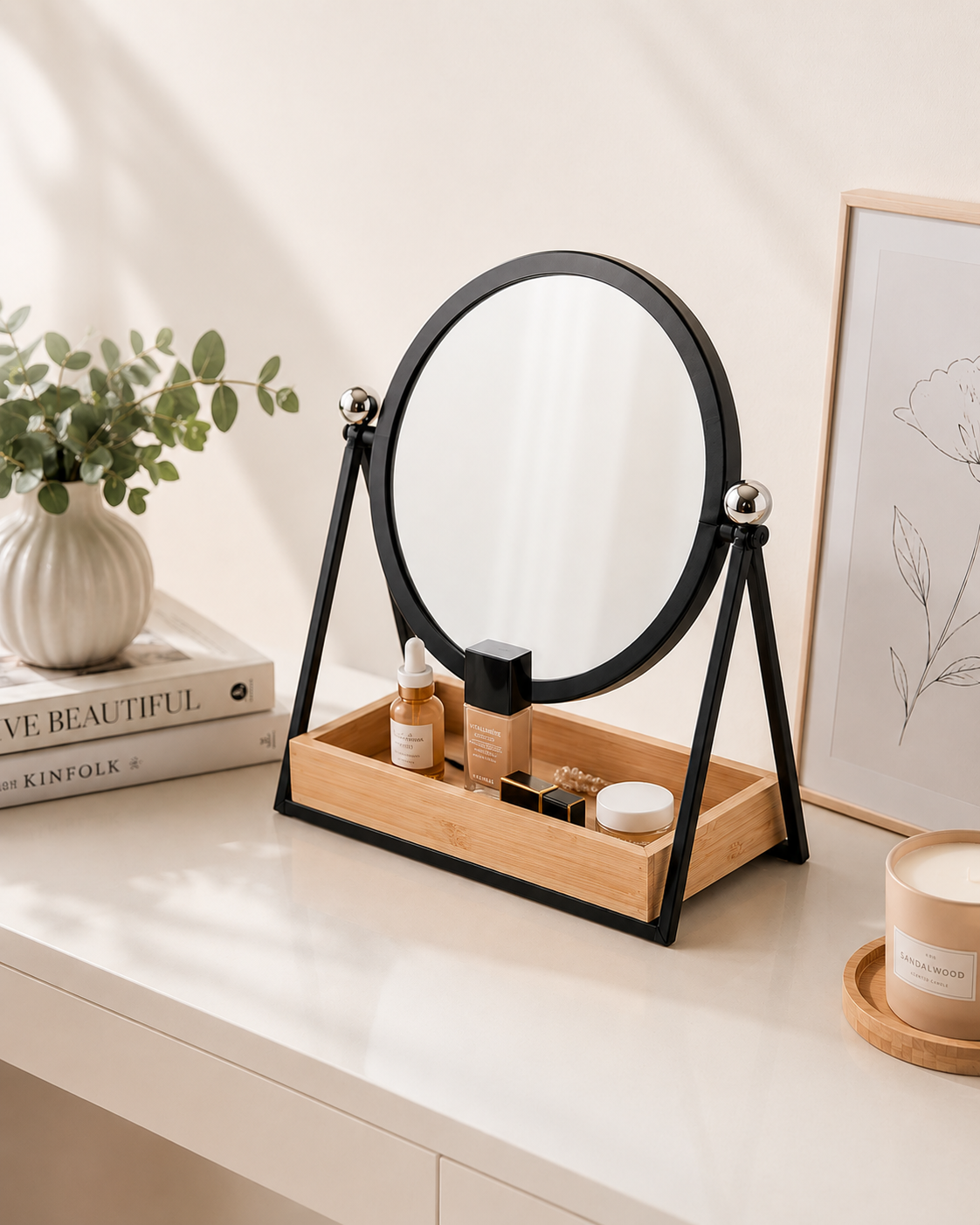 Modern Tabletop Vanity Mirror With Storage Tray 