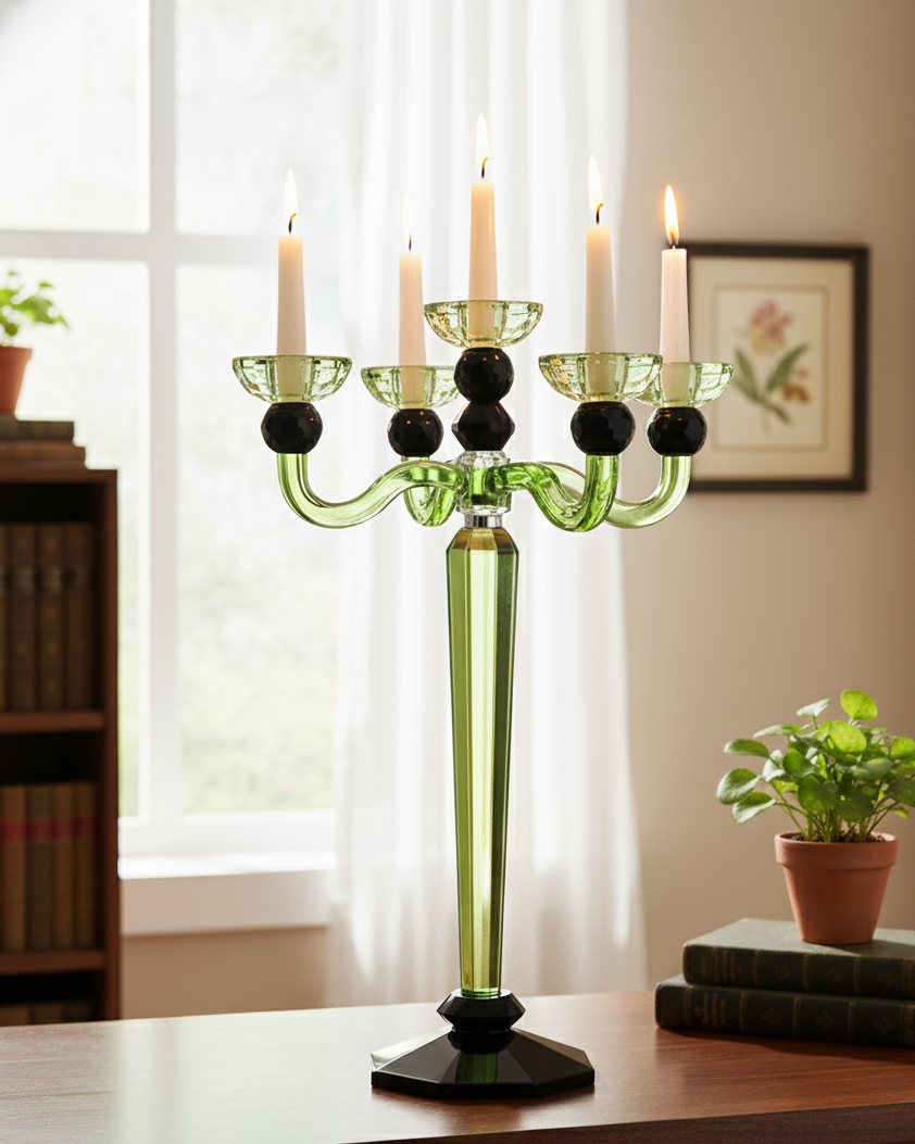 5-Arm Emerald Crystal Candle Stand