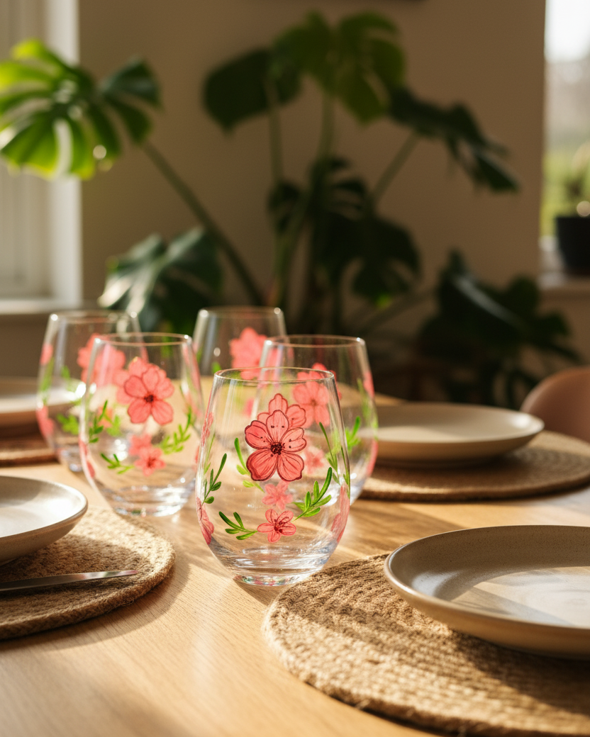 Crimson Bloom Drinking Glass - Set Of 6 