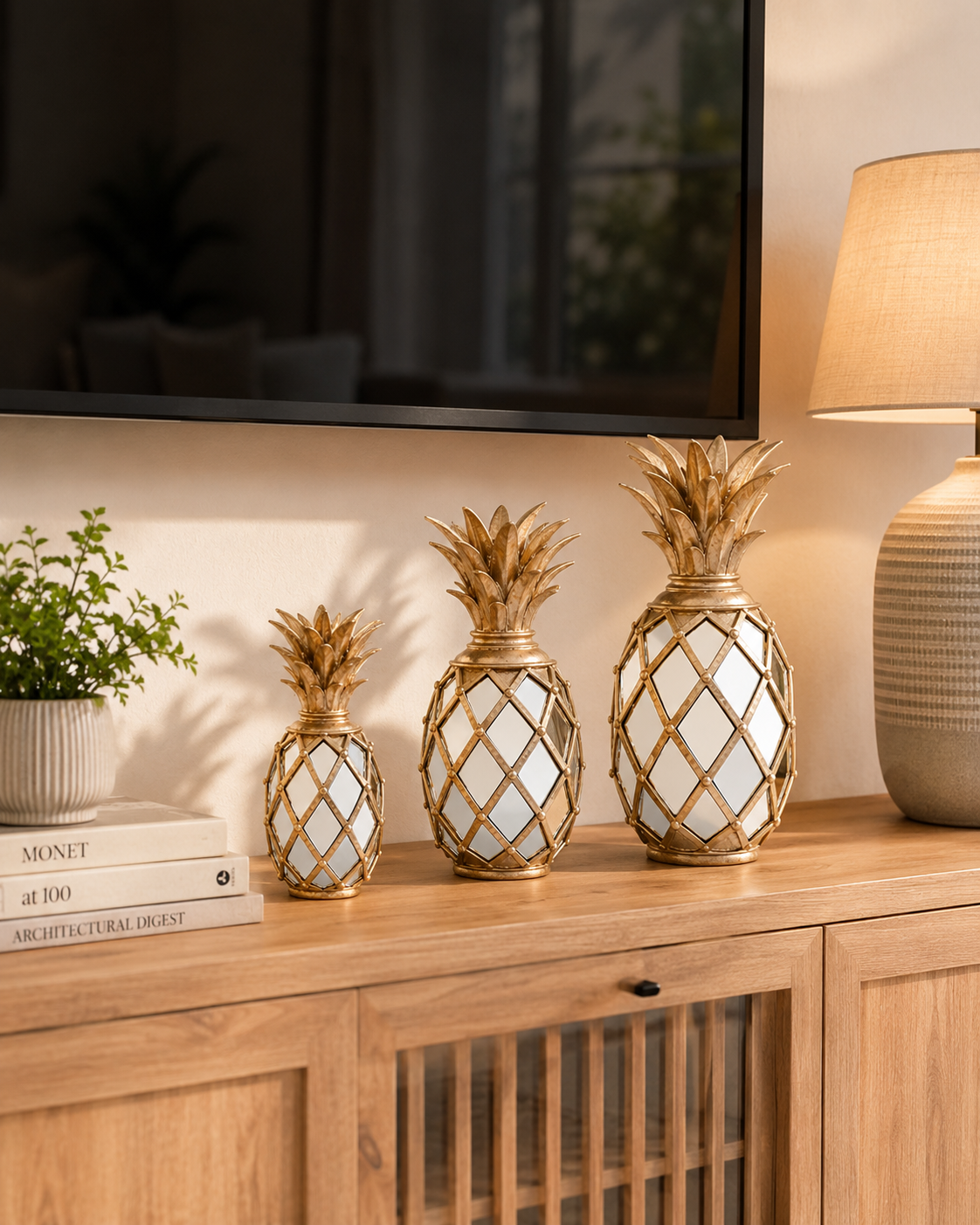 Golden Pineapple Mirror Table Décor - Set Of 3 