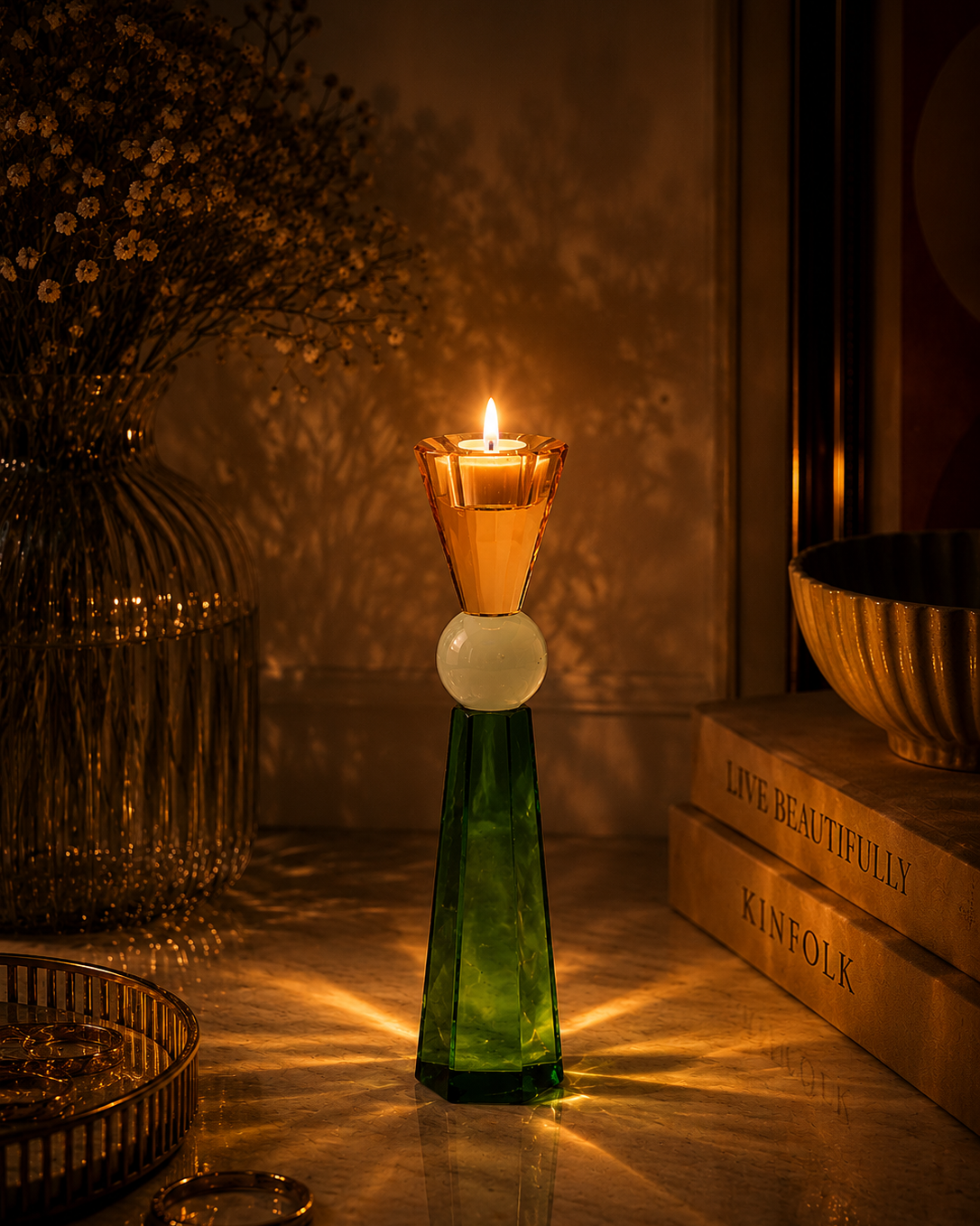 Emerald Glow Crystal Candle Holder - Big