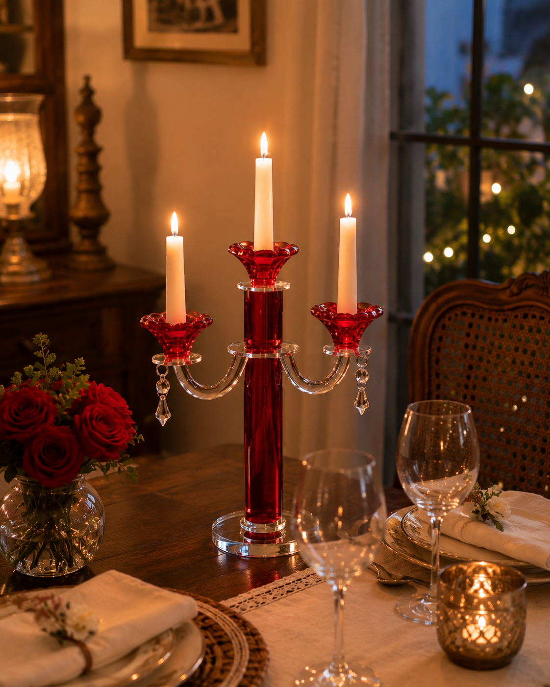 Red Radiant 3-Arms Crystal Candle Stand 