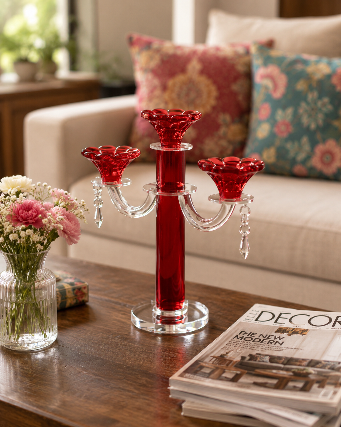 Red Radiant 3-Arms Crystal Candle Stand 
