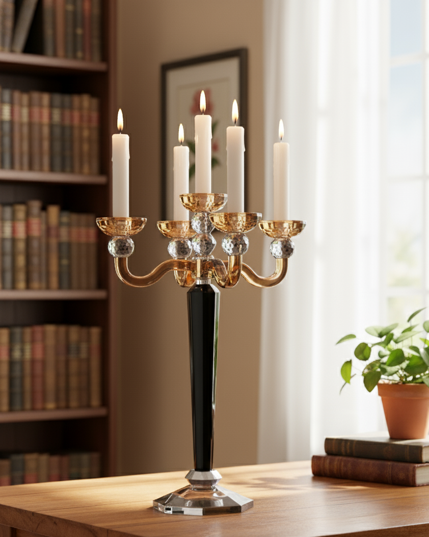 5-Arm Amber Luxe Crystal Candle Stand 