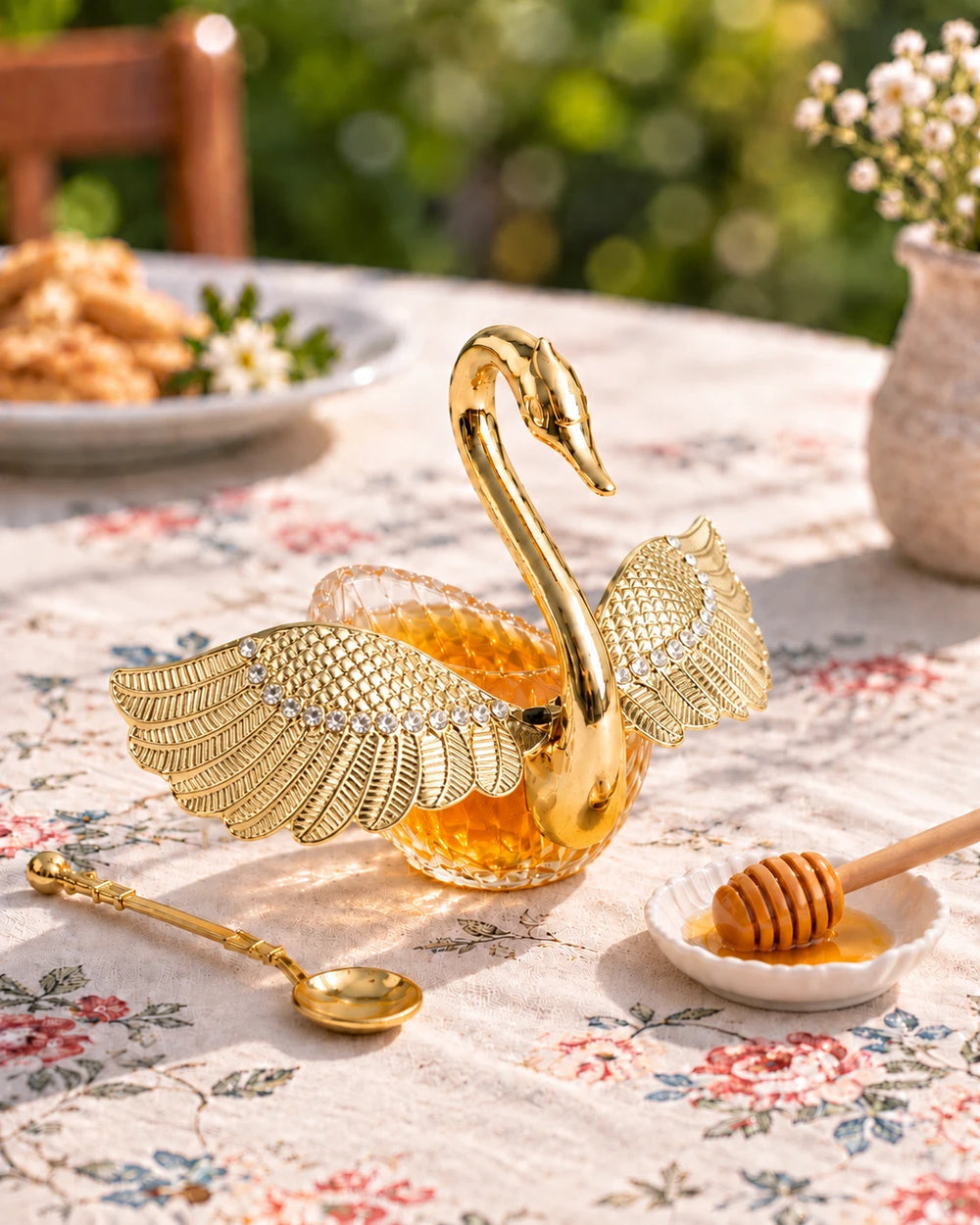 Swan-Shaped Honey Pot With Spoon '200 ML' - Gold