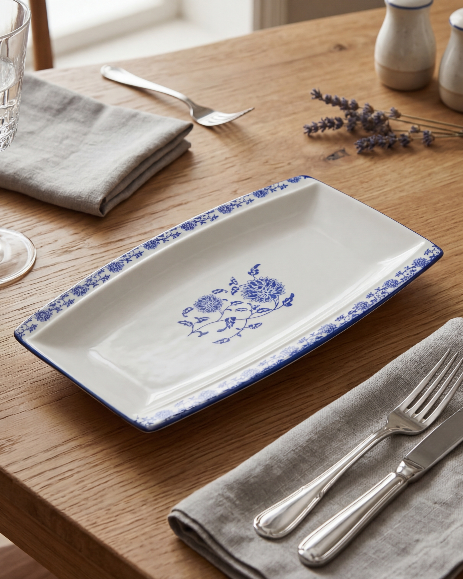 Elegant Blue Floral Serving Platter 