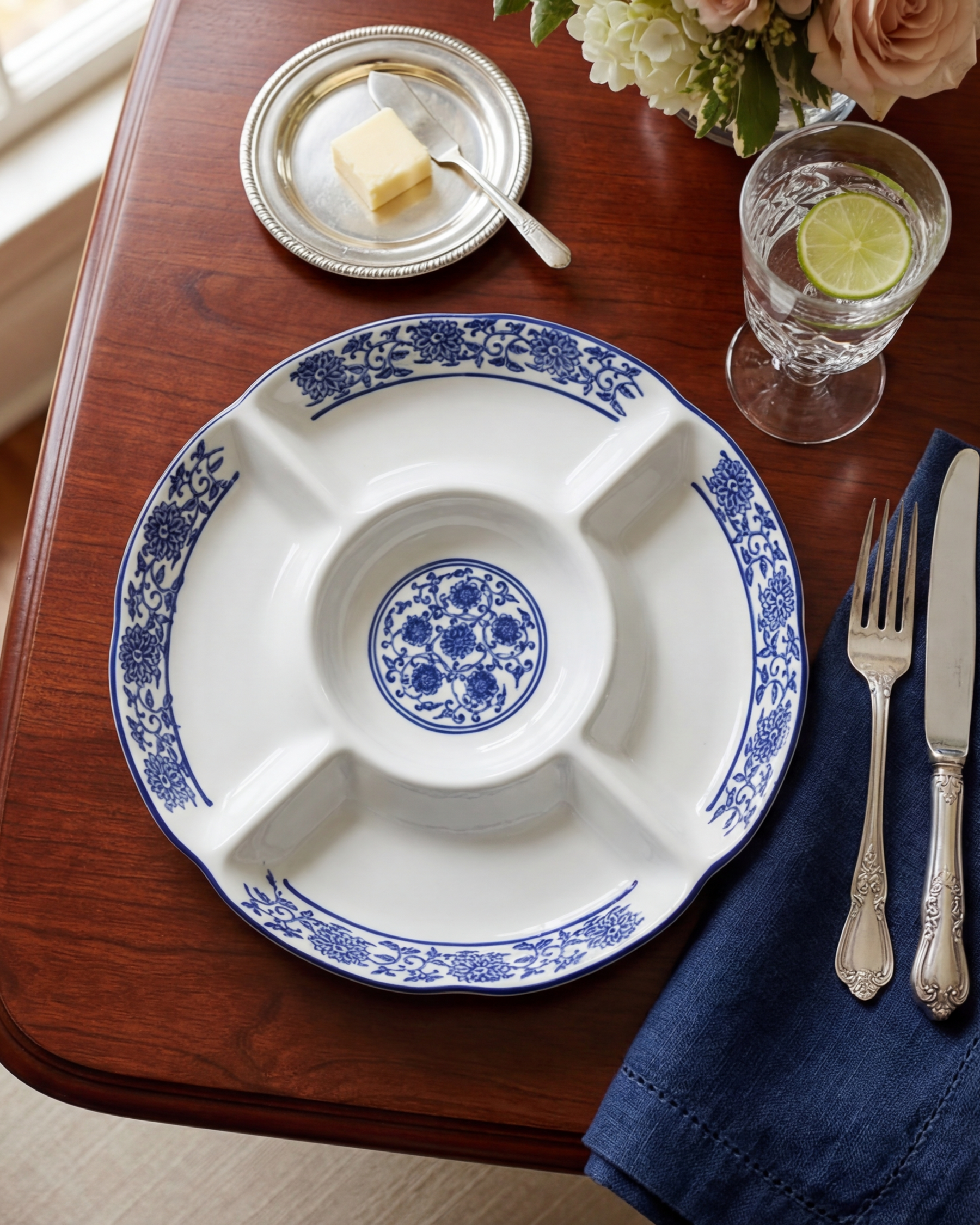 Royal Blue Floral Chip & Dip Platter 