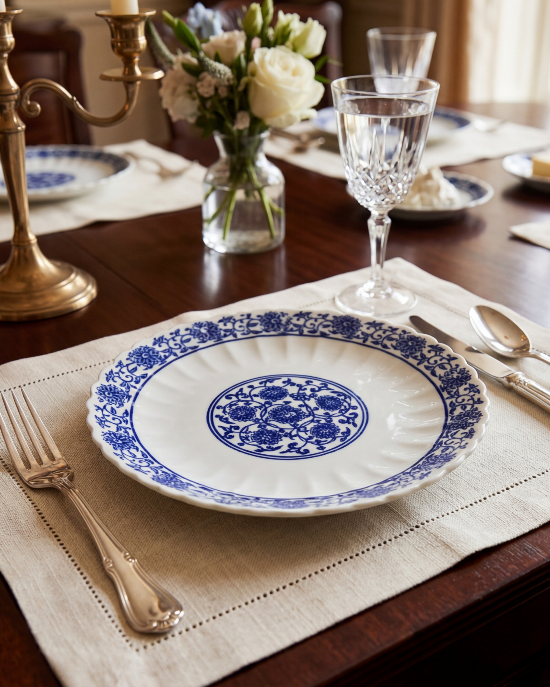 Royal Blue Floral Scalloped Dinner Plate 