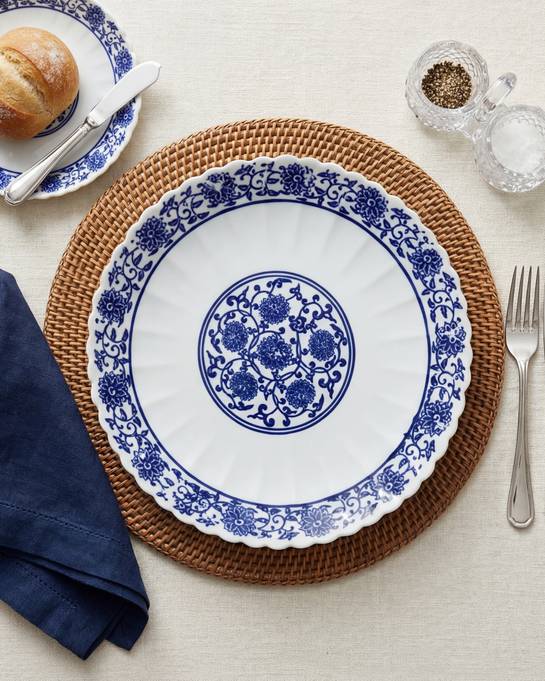 Royal Blue Floral Scalloped Dinner Plate 