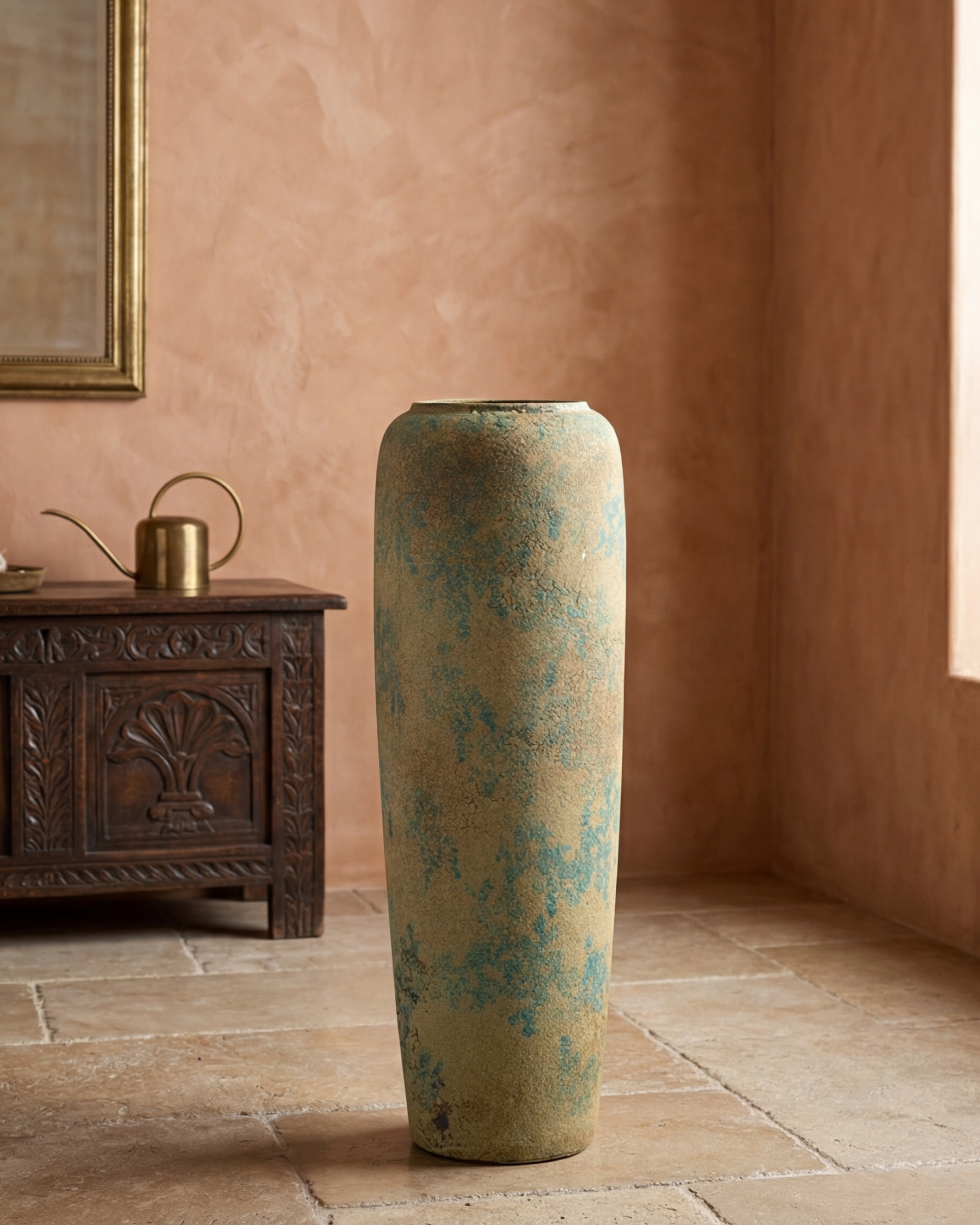 Antique Teal Textured Floor Vase - Large 