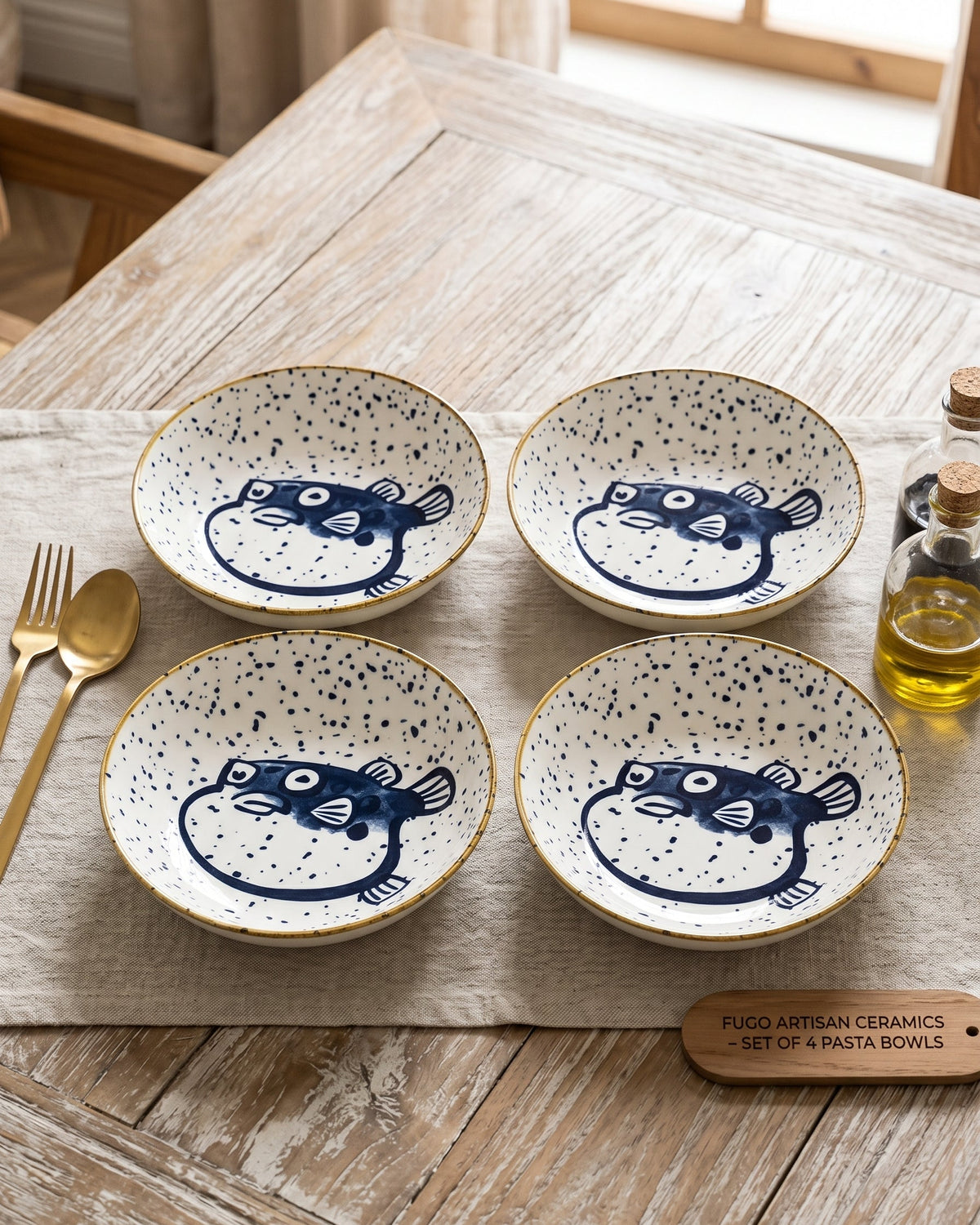 Puffer Fish Sketch Pasta Bowl - Set Of 4