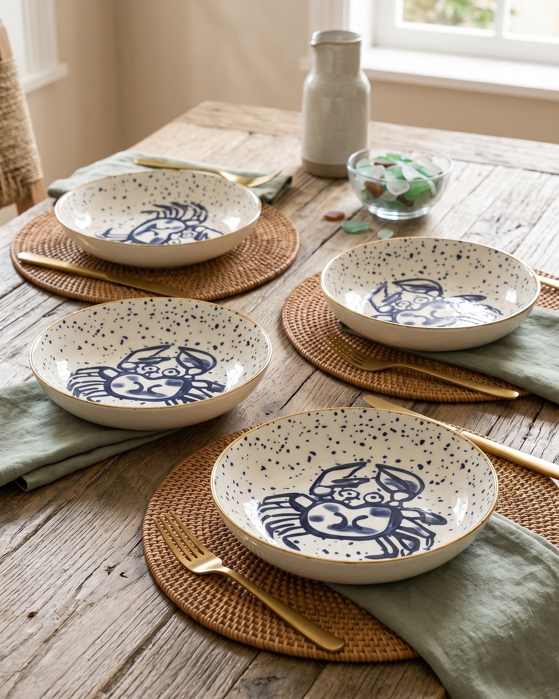 Crab Sketch Pasta Bowl - Set Of 4