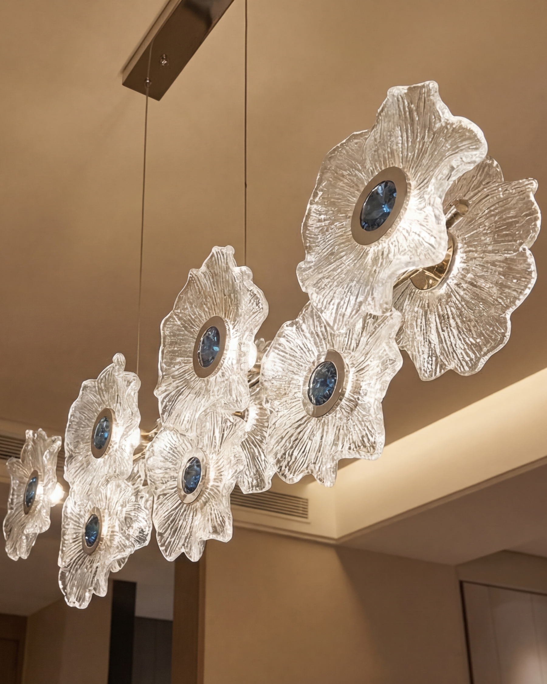 Linear Floral Glass Chandelier with Blue Accents 