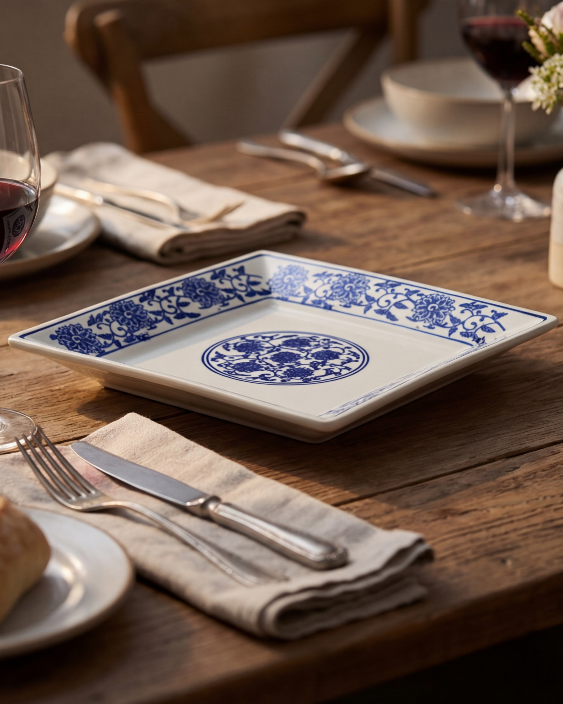 Classic Blue Floral Square Dinner Plate 