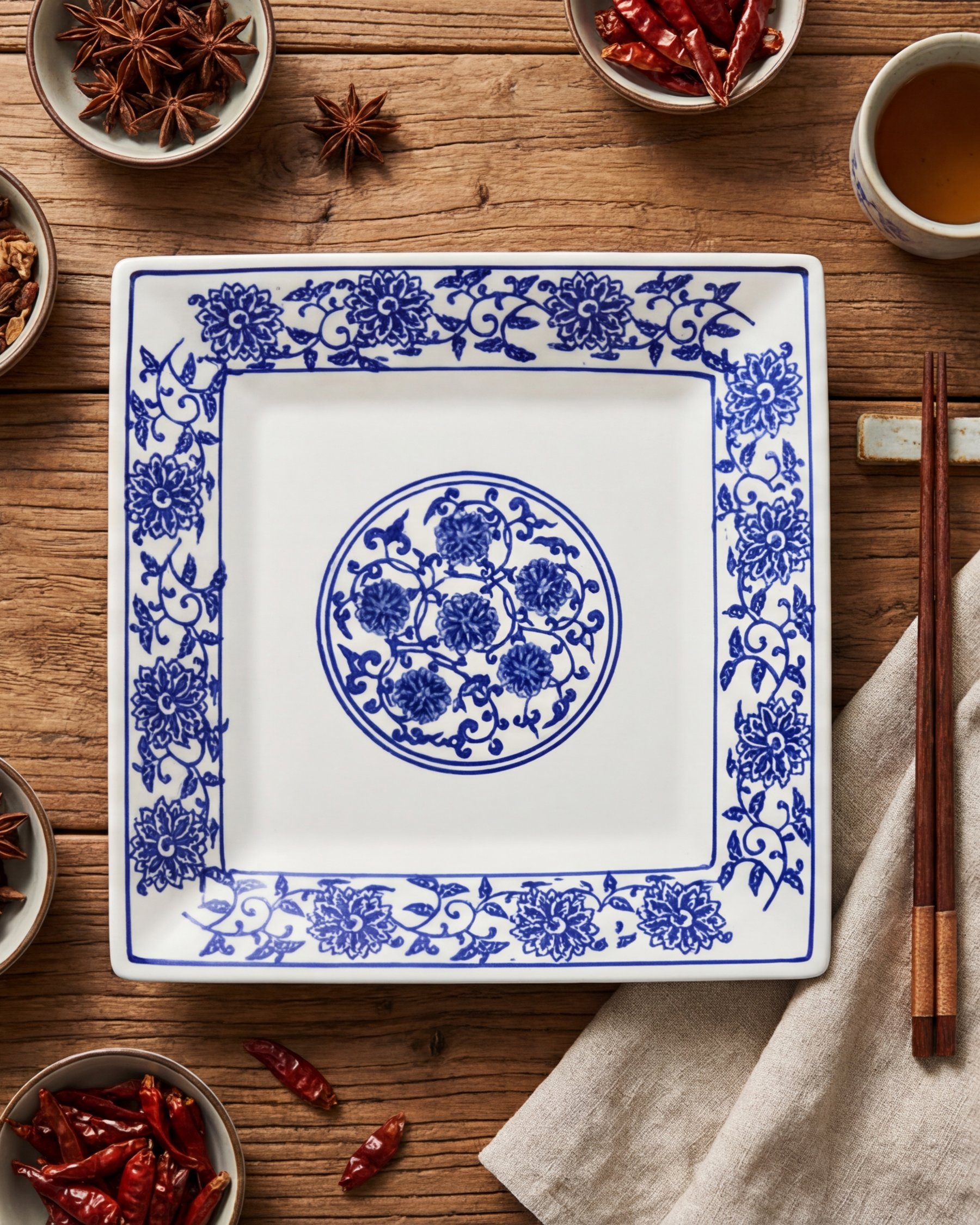 Classic Blue Floral Square Dinner Plate 