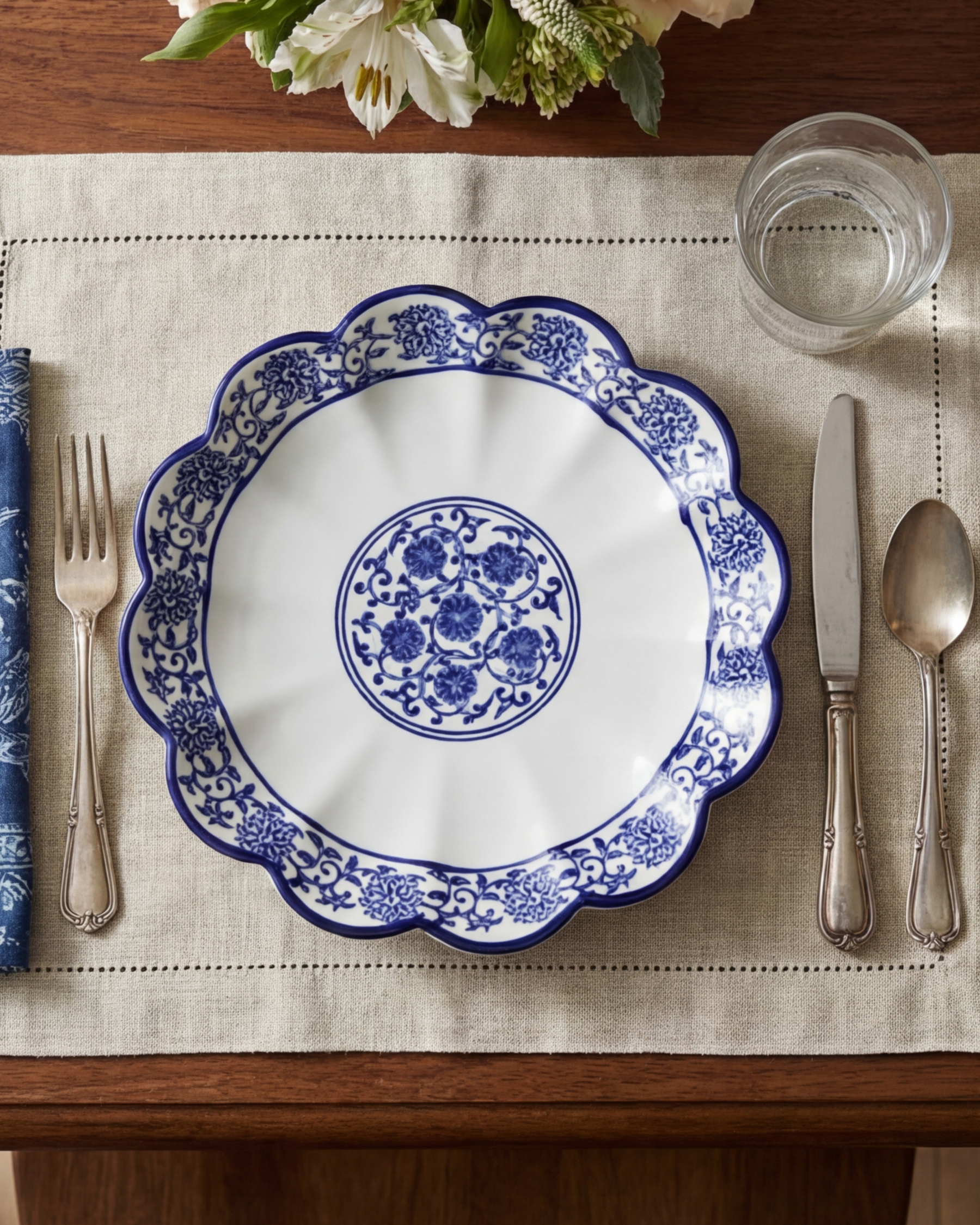 Royal Blue Floral Scalloped Quarter Plate 