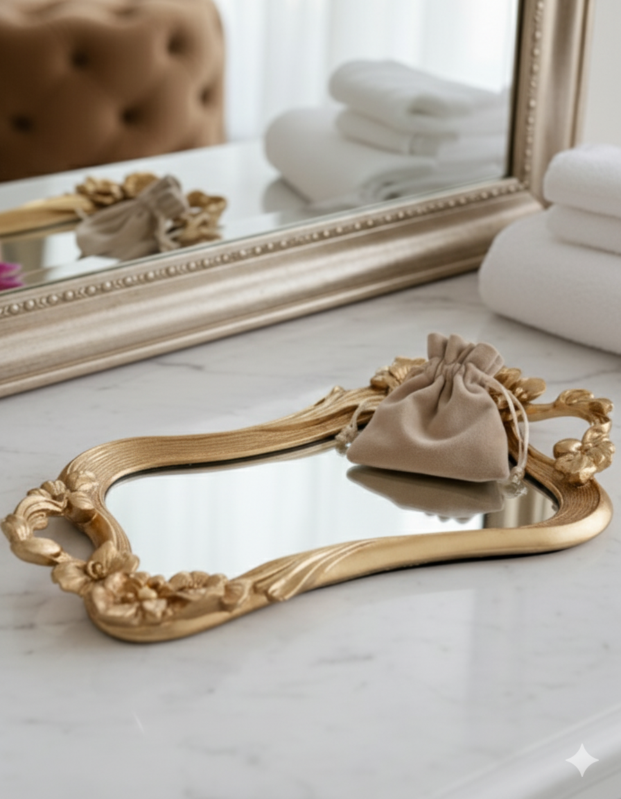 Golden Floral Motif Mirror Tray 