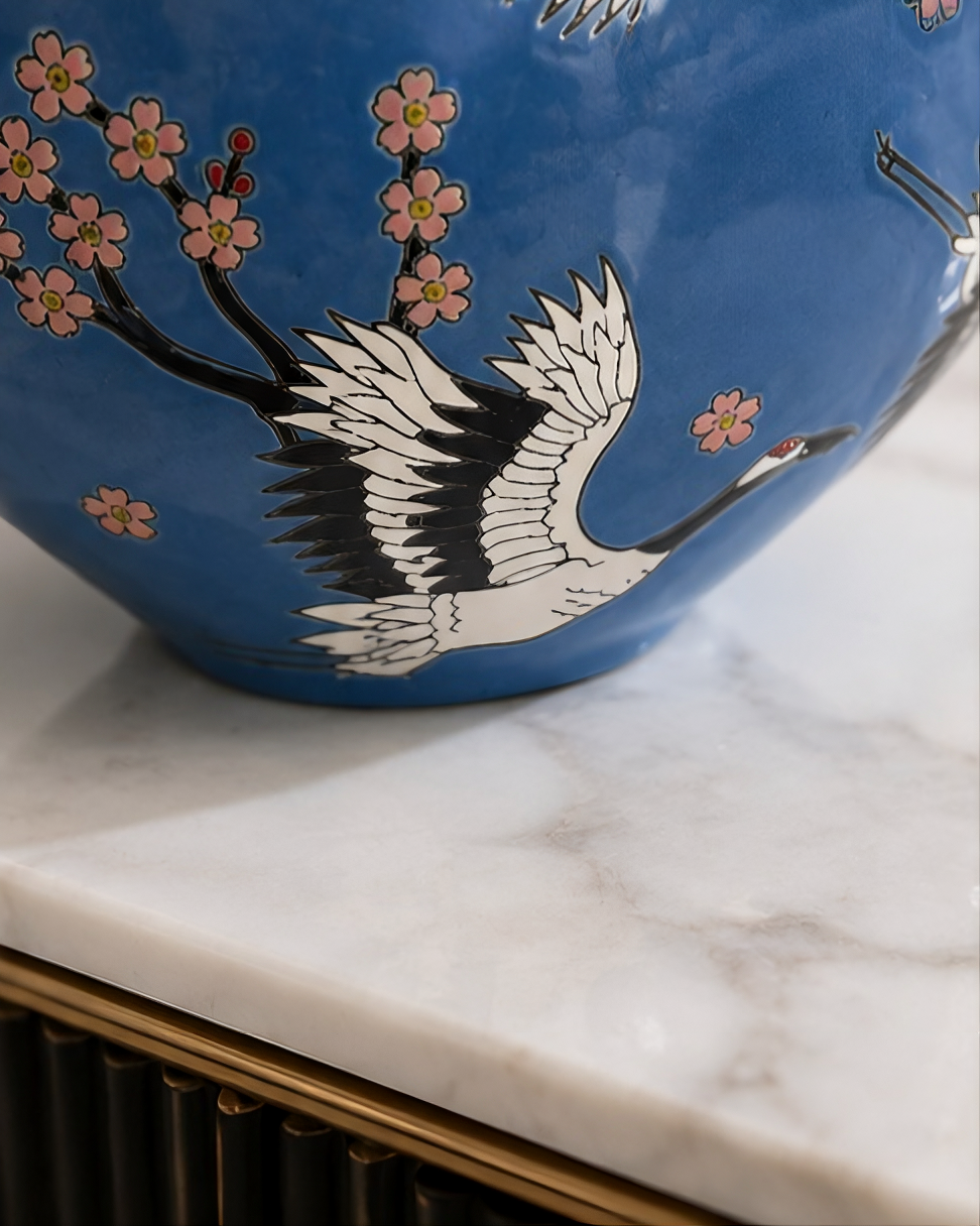 Crane Blossom Round Flower Vase 