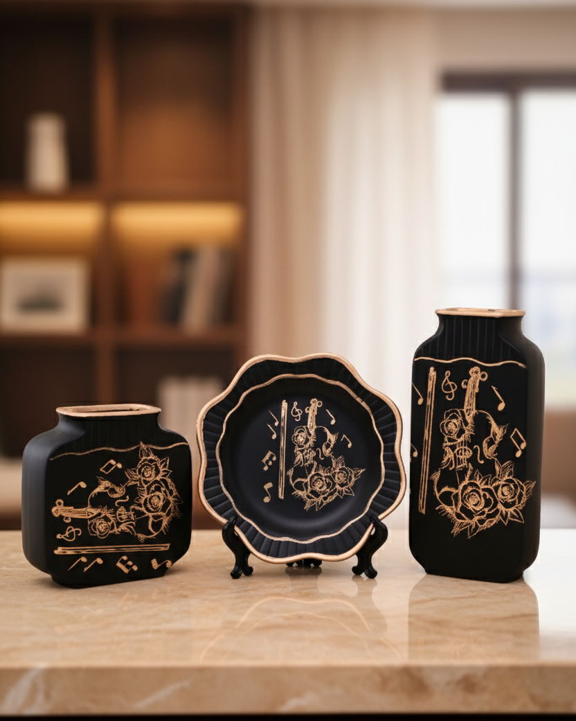 Melody Noir Vase & Decorative Plate - Set Of 3 