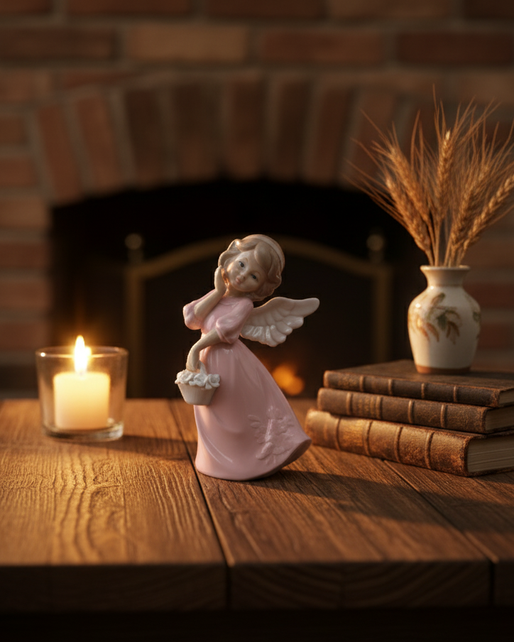 Blush Angel with Flower Basket - Fine Porcelain Figurine 