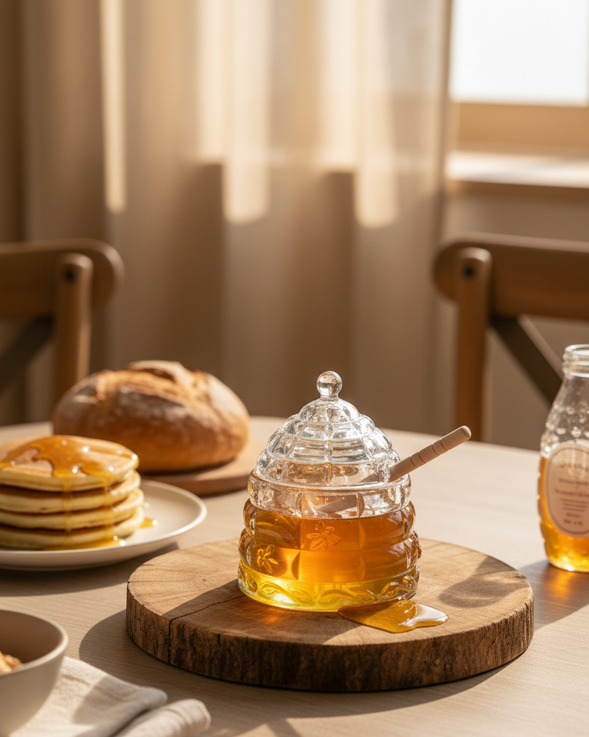 Honeycomb Glass Jar With Wooden Dipper 