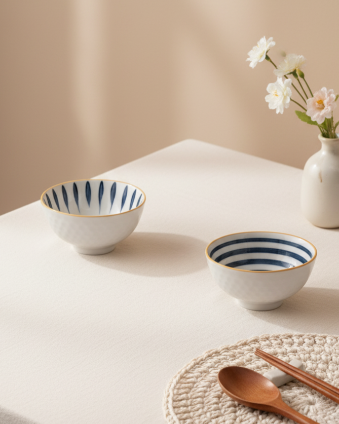 Sapphire Lines Ceramic Katori - Set Of 2 