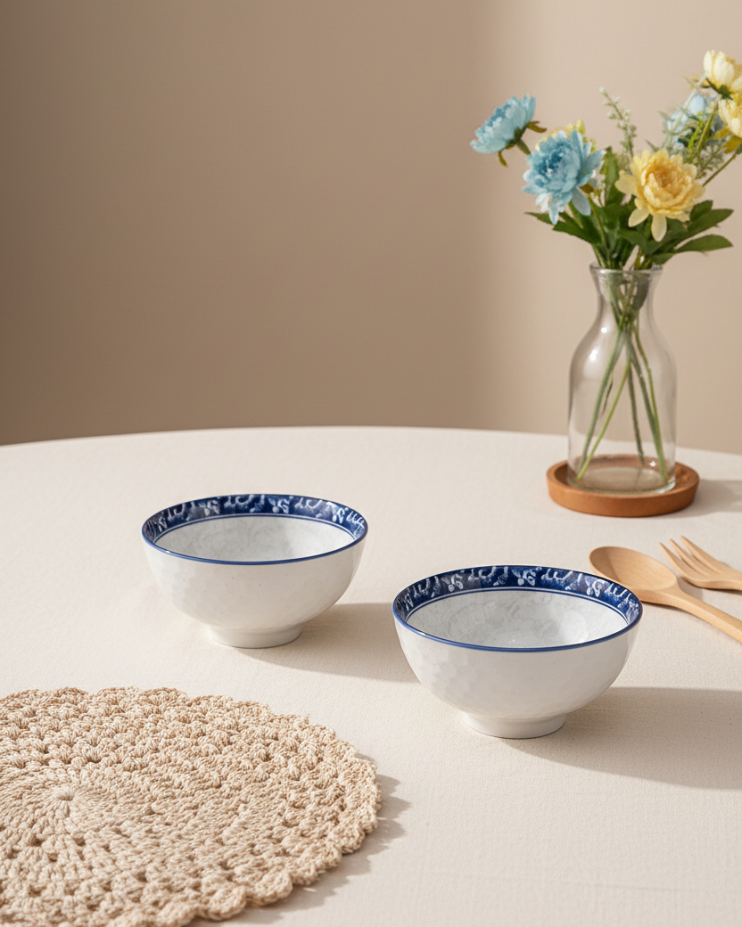 Indigo Bloom Ceramic Katori - Set Of 2 