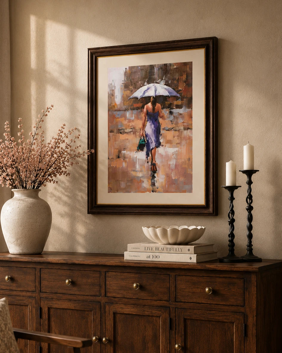 "Woman Walking In The Rain" Handmade Oil Painting 24"x 36"
