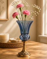Ribbed Trumpet Glass Vase - Blue 