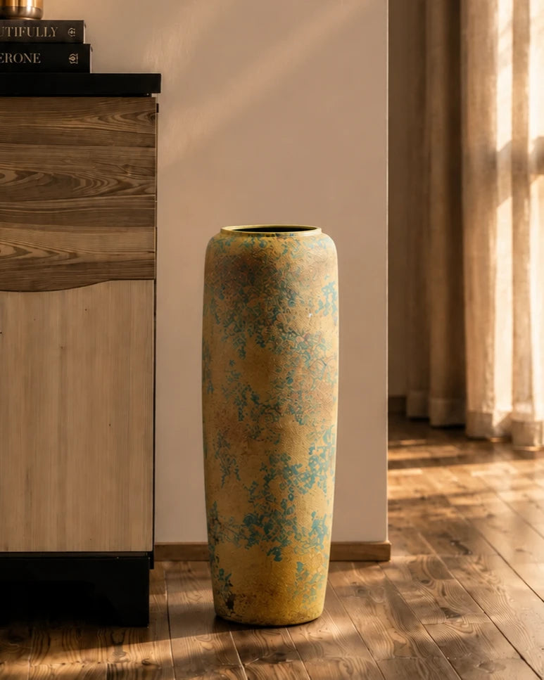 Antique Teal Textured Floor Vase - Large 
