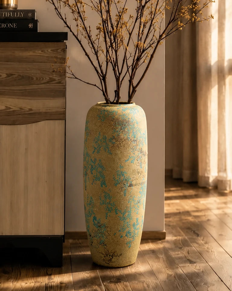Antique Teal Textured Floor Vase - Small