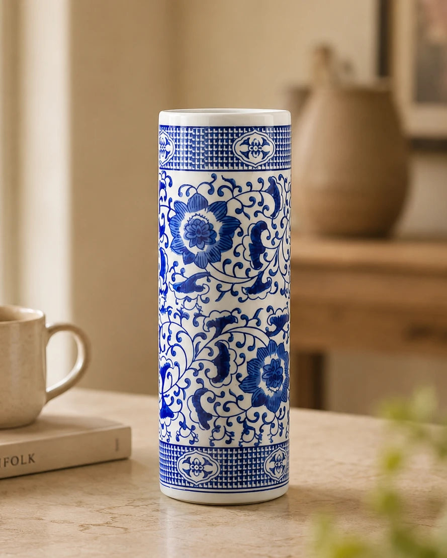 Blue & White Cylindrical Floor Vase 