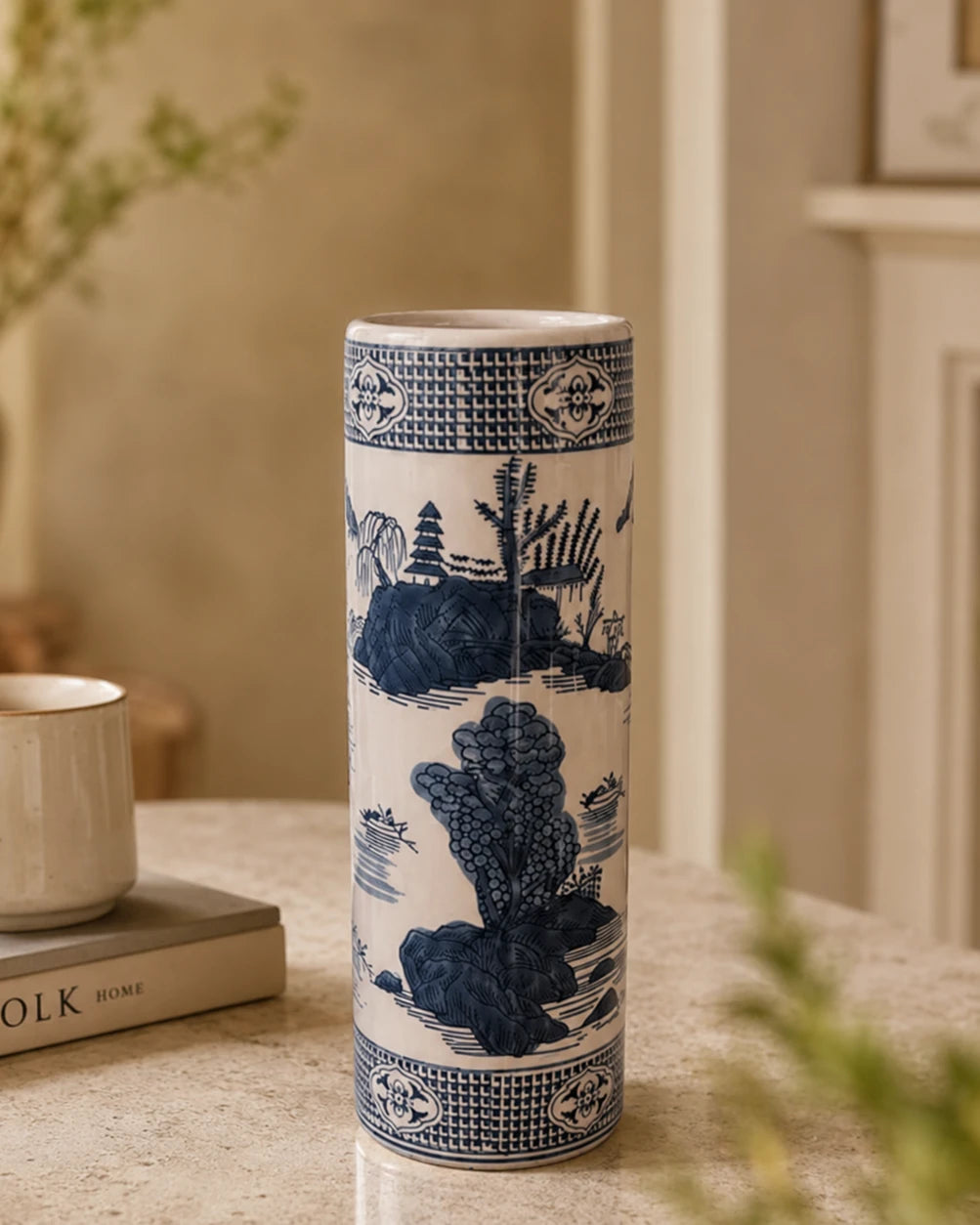 Blue & White Porcelain Cylindrical Decorative Vase